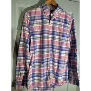POLO RALPH LAUREN Oxford Slim Fit Pink Blue Plaid Cotton Casual Shirt Sz M